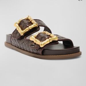 SCHUTZ Enola Dark Brown Woven Slide Sandals with Gold Buckles NWT size 9